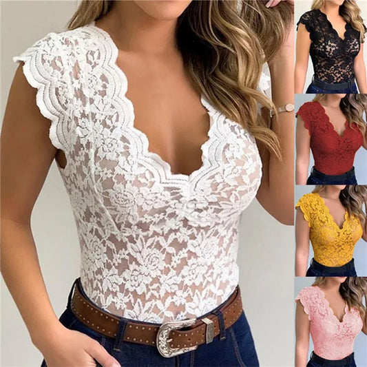 Sexy Deep V Neck Sleeveless Lace Blouse Shirts Summer Fashion Women Lace Patchwork Pullover Tops XCDZ-540738