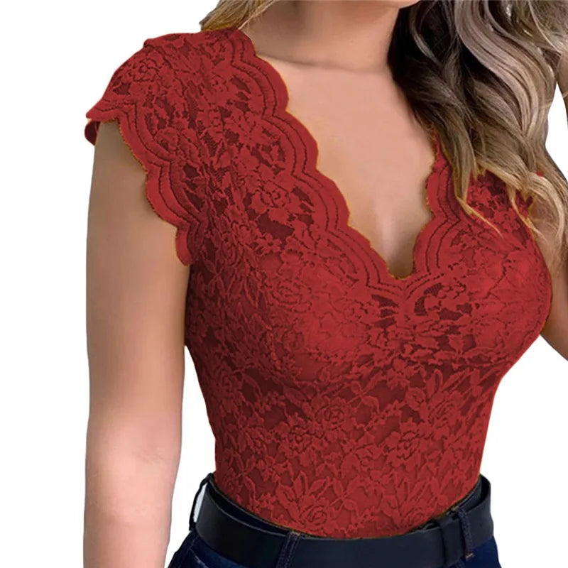 Sexy Deep V Neck Sleeveless Lace Blouse Shirts Summer Fashion Women Lace Patchwork Pullover Tops XCDZ-540738