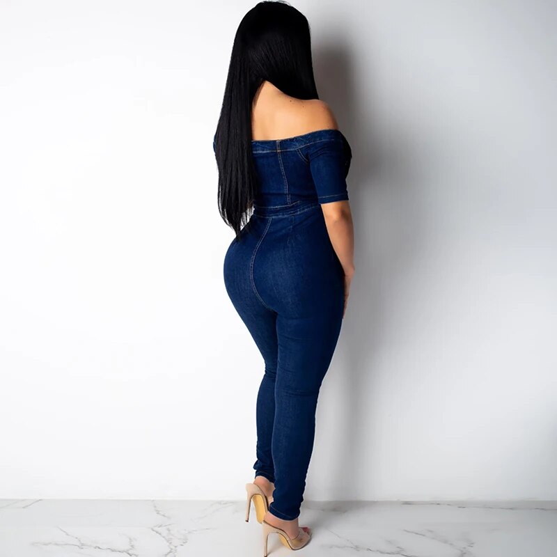Sexy Denim Off Shoulder Skinny Long Pants Bodycon Club Party Jumpsuit