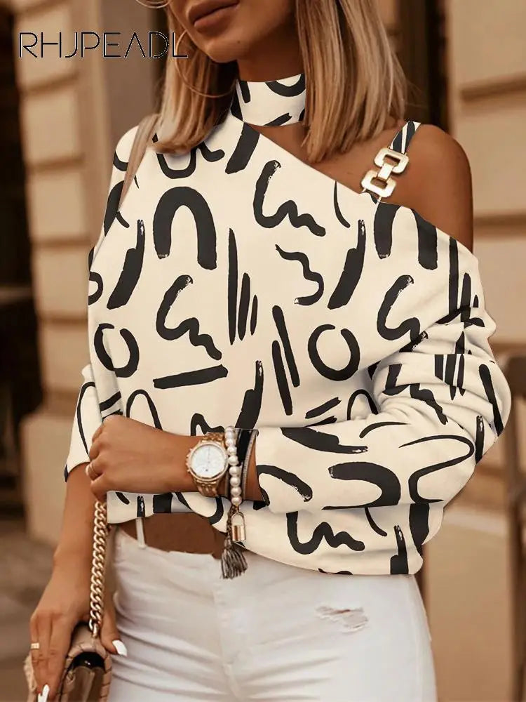 Sexy Off Shoulder Halter Neck Long Sleeve Fashion Print Casual Loose Elegant Office Top