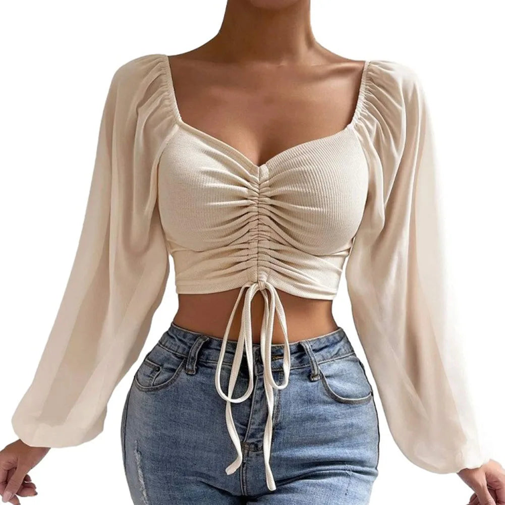 Sexy Chiffon Solid Color Streetwear Puff Sleeve V-Neck Drawstring Hot Tee Crop Top