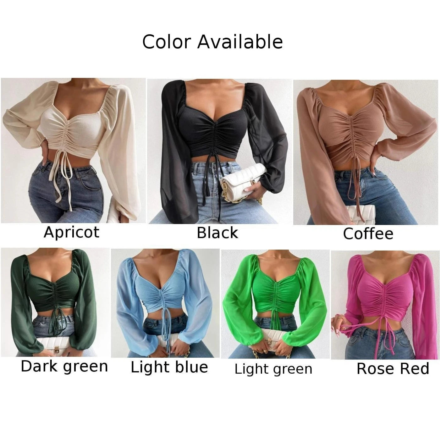 Sexy Chiffon Solid Color Streetwear Puff Sleeve V-Neck Drawstring Hot Tee Crop Top