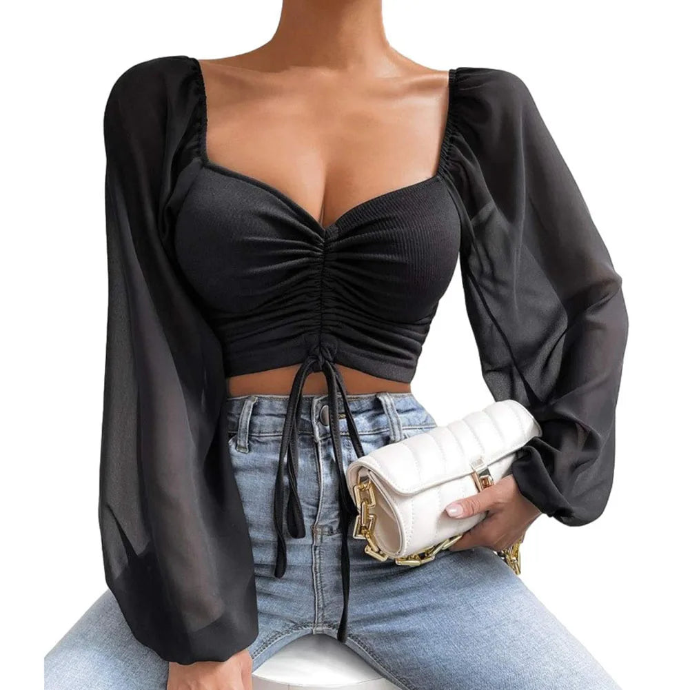 Sexy Chiffon Solid Color Streetwear Puff Sleeve V-Neck Drawstring Hot Tee Crop Top