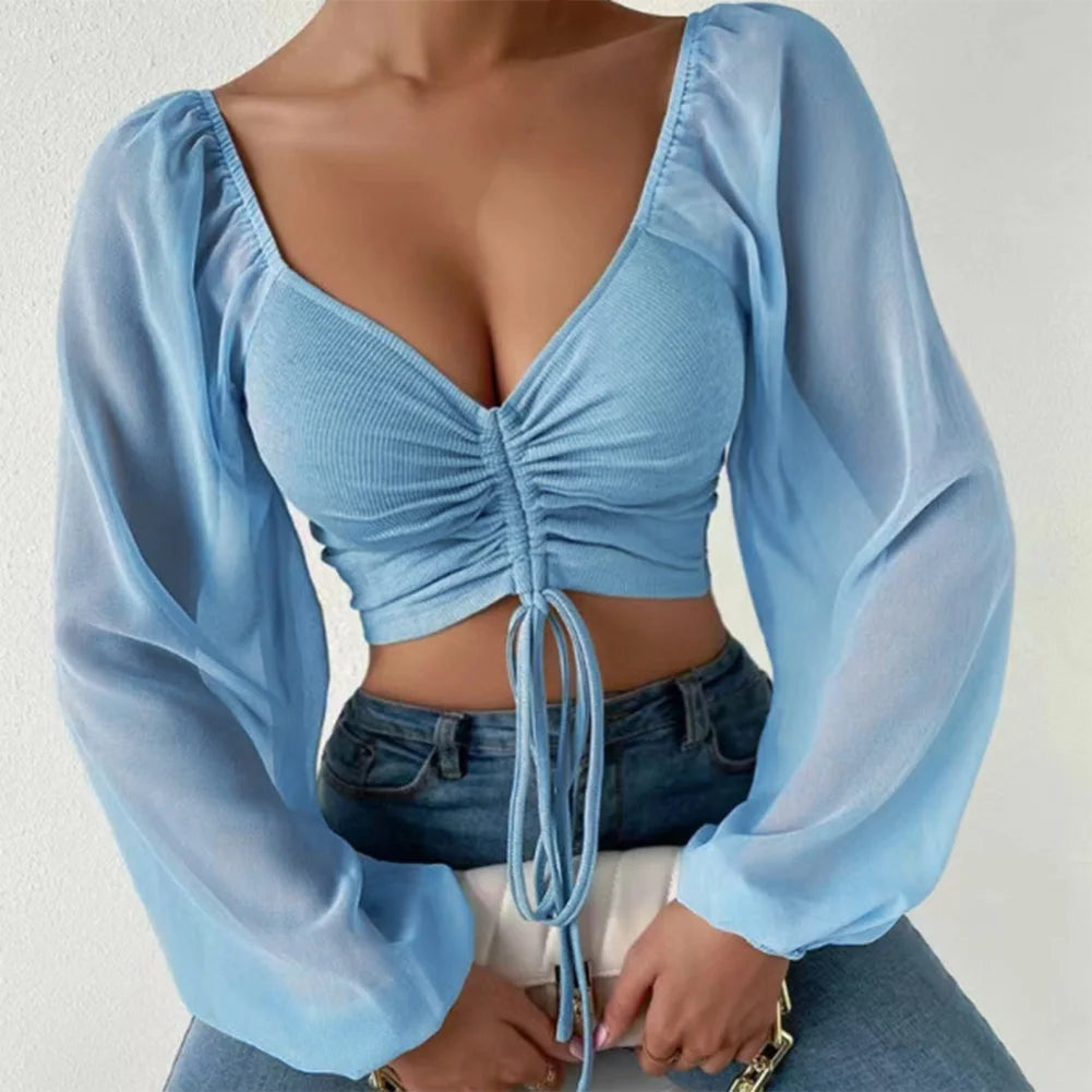 Sexy Chiffon Solid Color Streetwear Puff Sleeve V-Neck Drawstring Hot Tee Crop Top