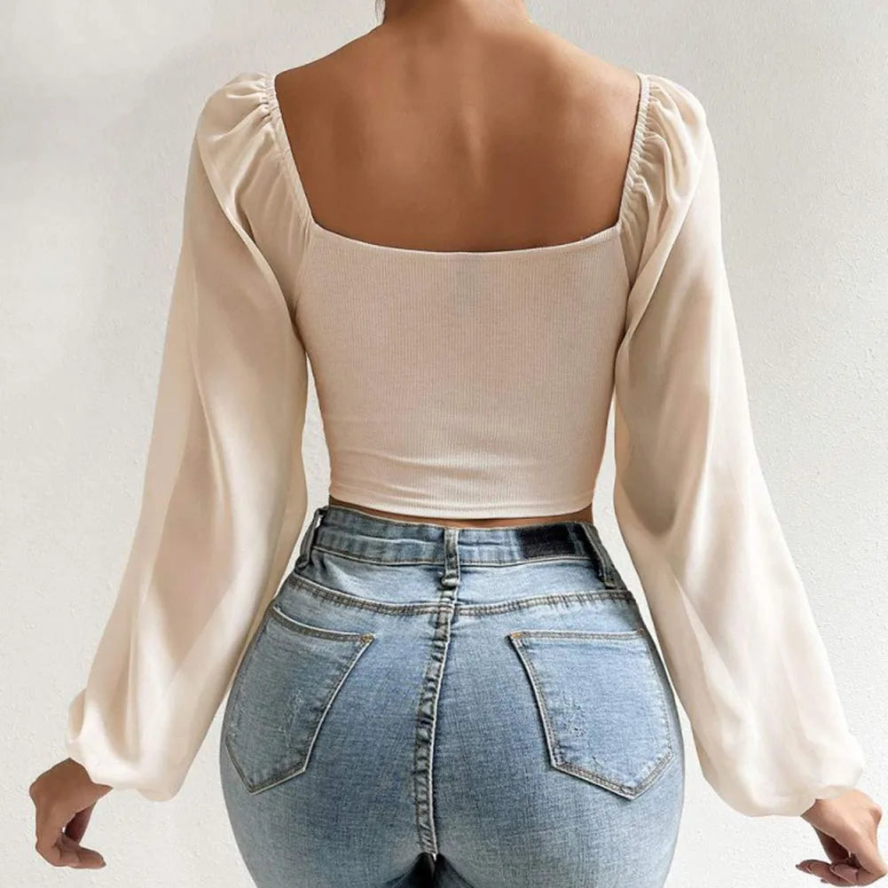 Sexy Chiffon Solid Color Streetwear Puff Sleeve V-Neck Drawstring Hot Tee Crop Top