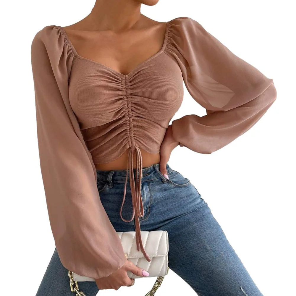 Sexy Chiffon Solid Color Streetwear Puff Sleeve V-Neck Drawstring Hot Tee Crop Top