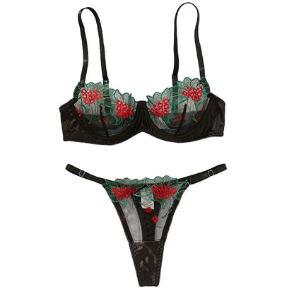 Sexy Fancy Lace Erotic Two Piece Transparent Embroidered Erotic Beautiful Bra And Panty Set Black Overseas