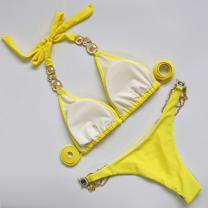 Halter Metal Chains Rhinestone Diamond Bikini Women Swimsuit Female Swimwear Two Pieces Bikini set Brazilian Bathing Suit Swim