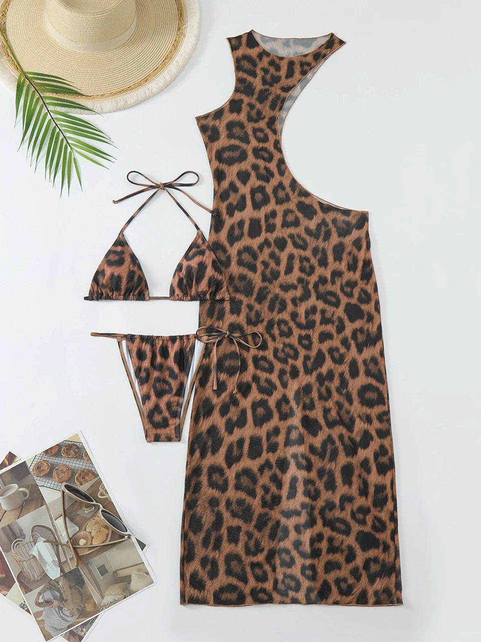 Sexy 3 Pieces Bikini Set 2024 Women Cut Out Side Cover Up Dress Leopard Swimsuit Lace Up Triangle Swimwear Female Swimming Suit