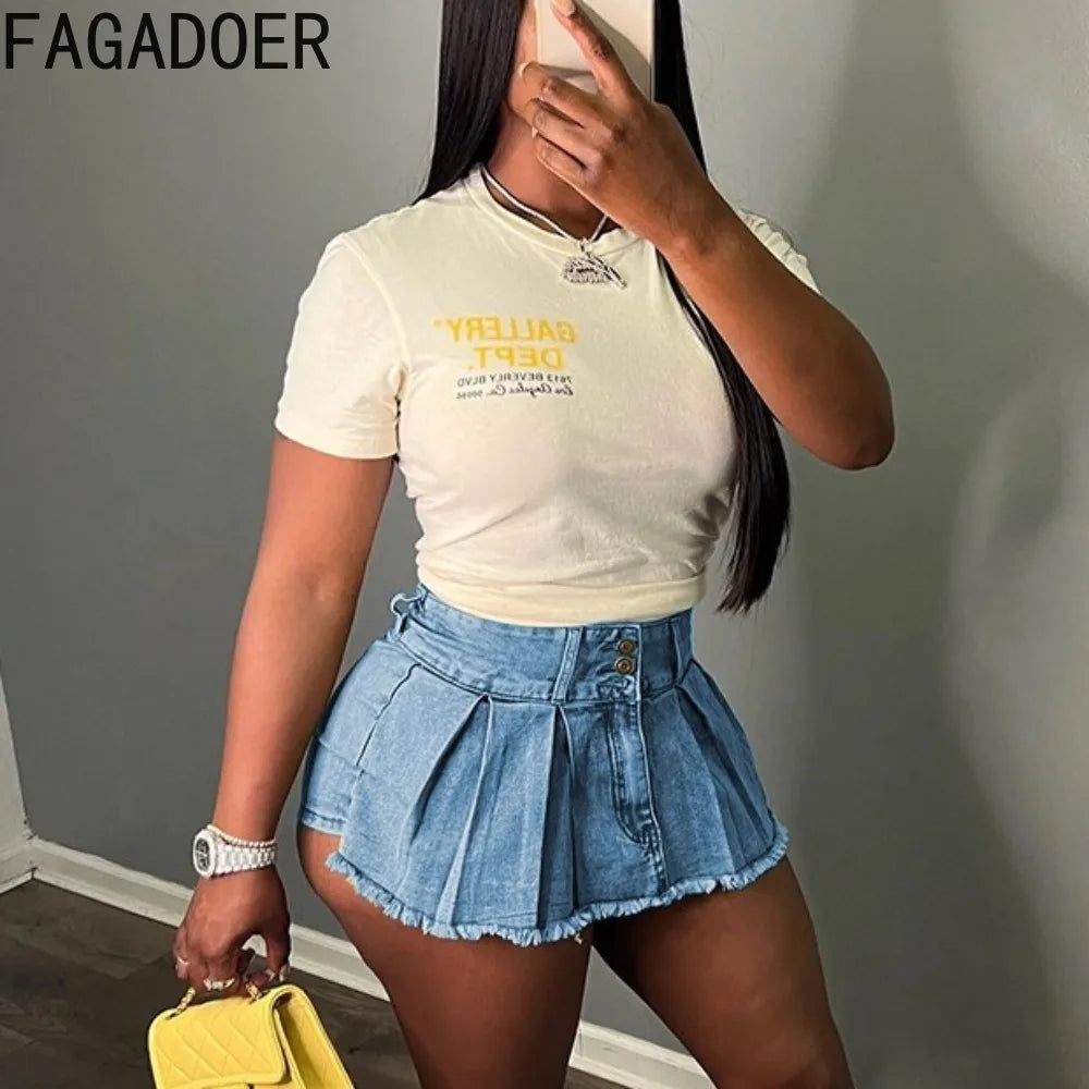 FAGADOER Fashion Y2K Cute Pleated Denim Skirts Women High Waisted Button Mini Shorts Skirts Summer New Retro Matching Bottoms