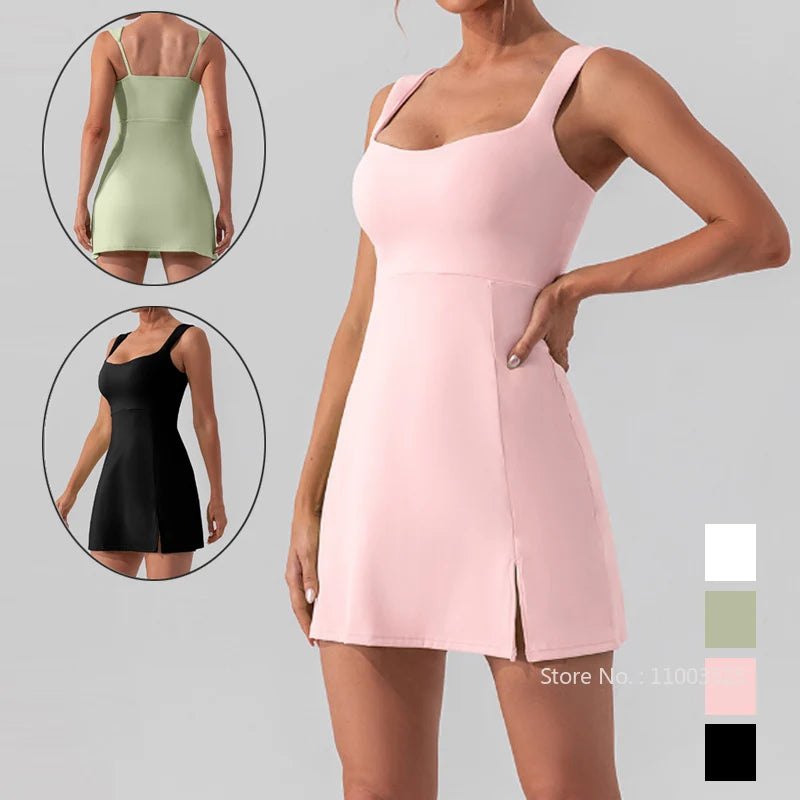 Lady Sexy Halter Tennis Dress Women Breathable Split Yoga Sport Dress Girls Quick Dry Slim Workout Badminton Skirt Casual Skort