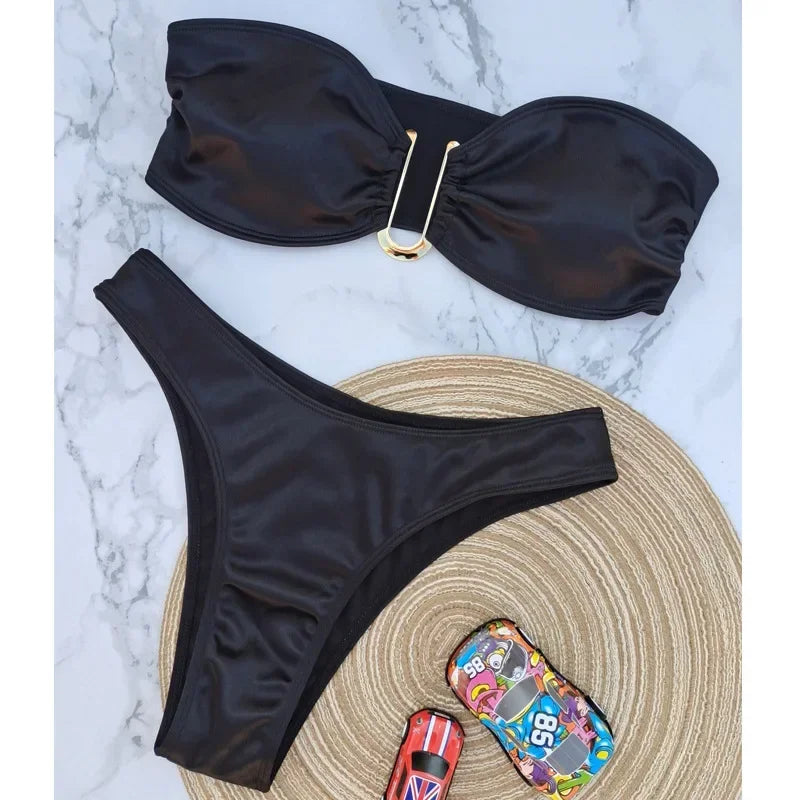 2024 New Bandeau Bikini Set Off Shoulder Two-piece Swimwear Bathing Suit Strapless Women's Swimsuit Biquini black