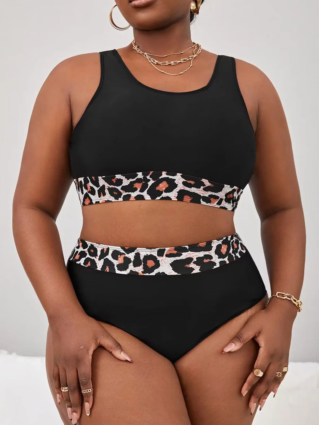 VigoJany 2024 Leopard Plus Size Bikini Set High Whist Straps Swimsuit For Women Backless 2 Piece Beach Summer Bathing Suit Black