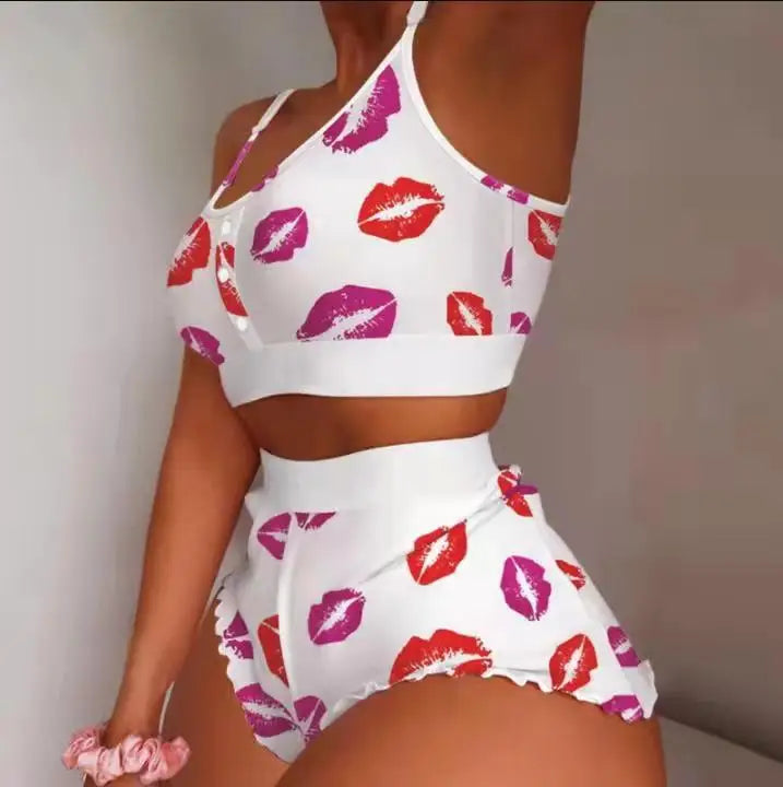 2 Pieces Set Women's Pajama Shorts Suit Multiple Print Underwear Sexy Lingerie Camisoles Tanks Nighty Ladies Loungewear Homewear 6