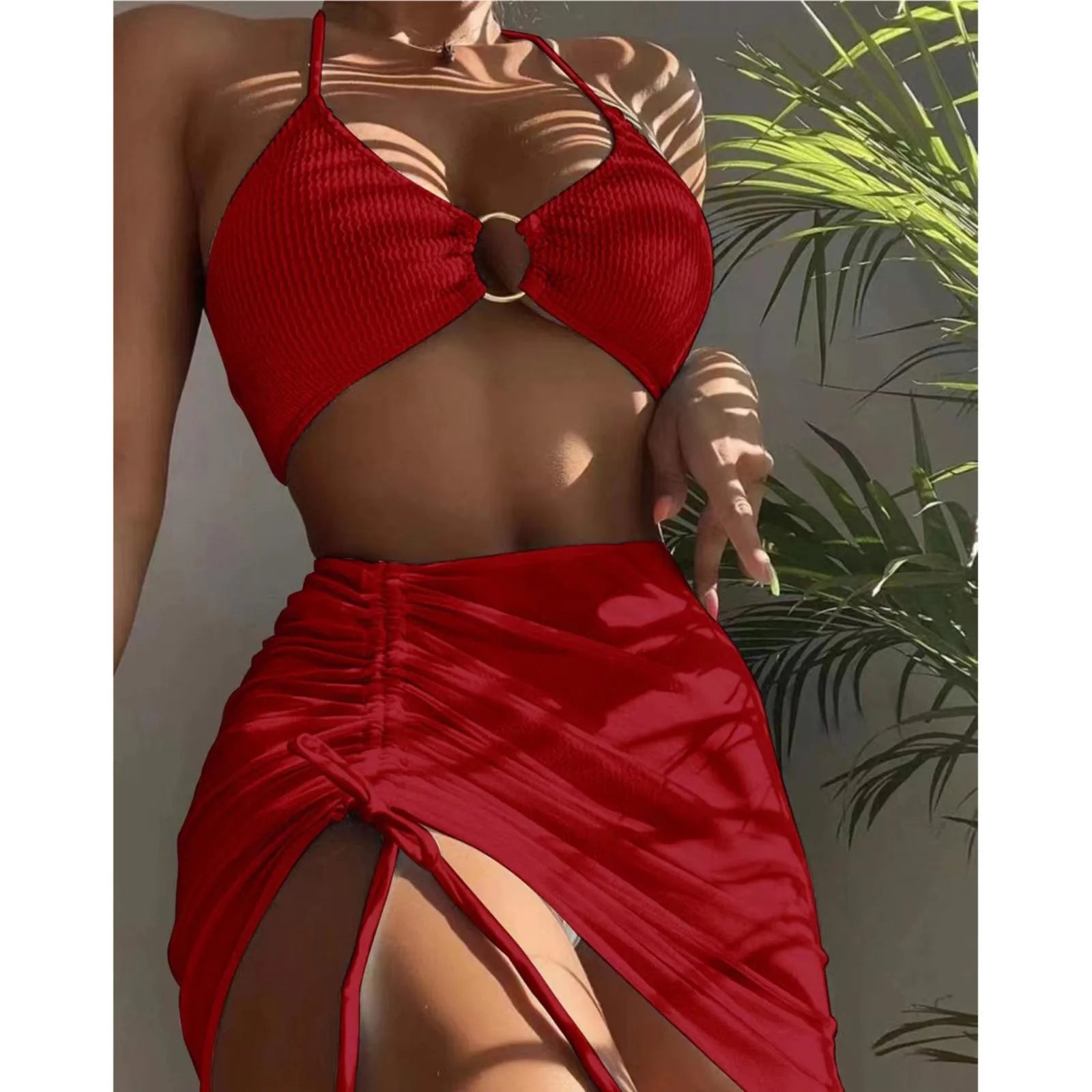 Solid Color Mesh High Waisted Bikini Sets For Women Tummy Control Bottoms Push Up Crop Top Swimsuit Three Piece Bathing Suits