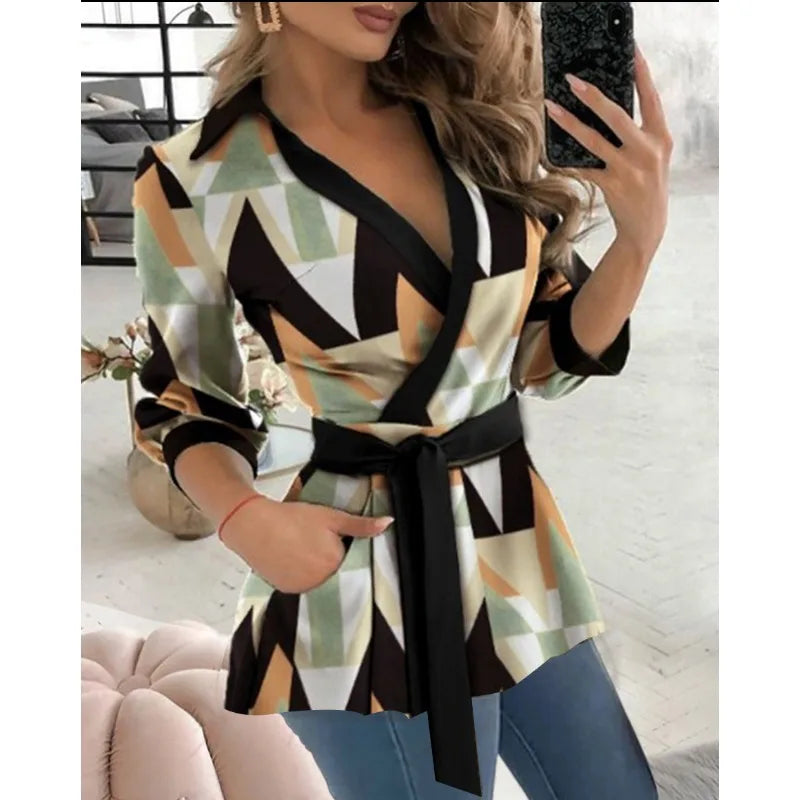 Commuter Elegant Women's Long Fashion Printed Solid Color Long Sleeved Lapel Belt Shirt