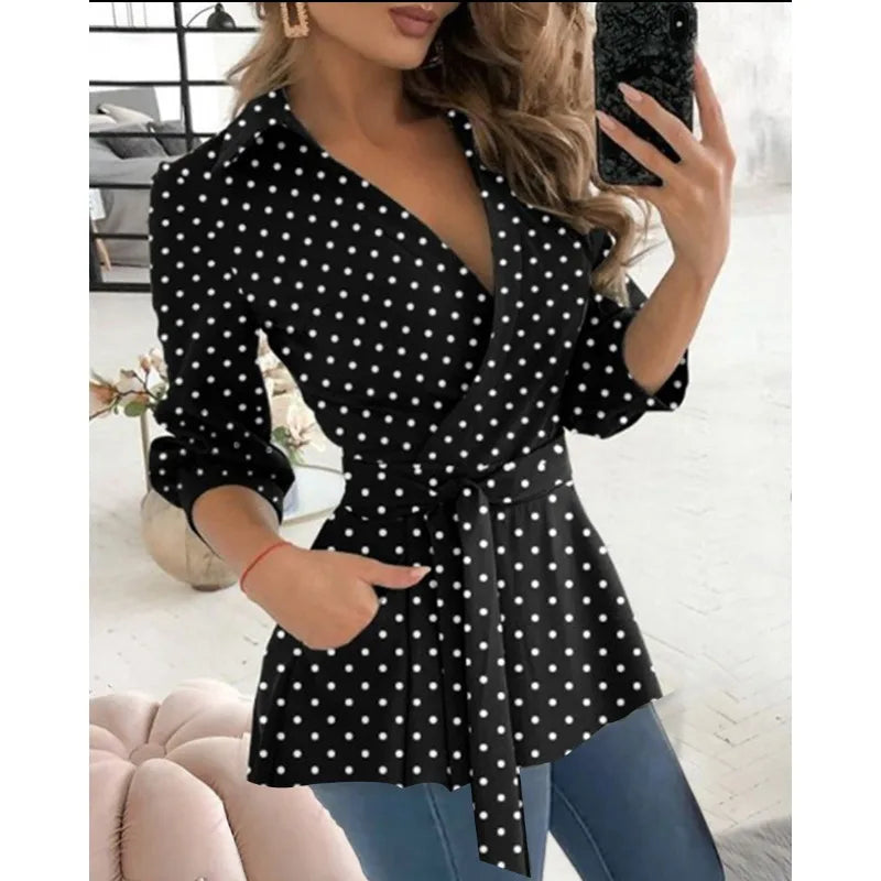 Commuter Elegant Women's Long Fashion Printed Solid Color Long Sleeved Lapel Belt Shirt