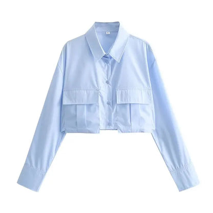 Solid Long Sleeve With Pocket Casual Loose Chic Office Lady Fashion Basic Versatile Shirt Blue