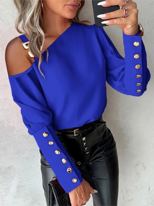 Versatile Off Shoulder Blouse Women Casual Long Seelve Metal Buckle Elegant Button Decor Shirts Famale Fashion Lady Loose Tops