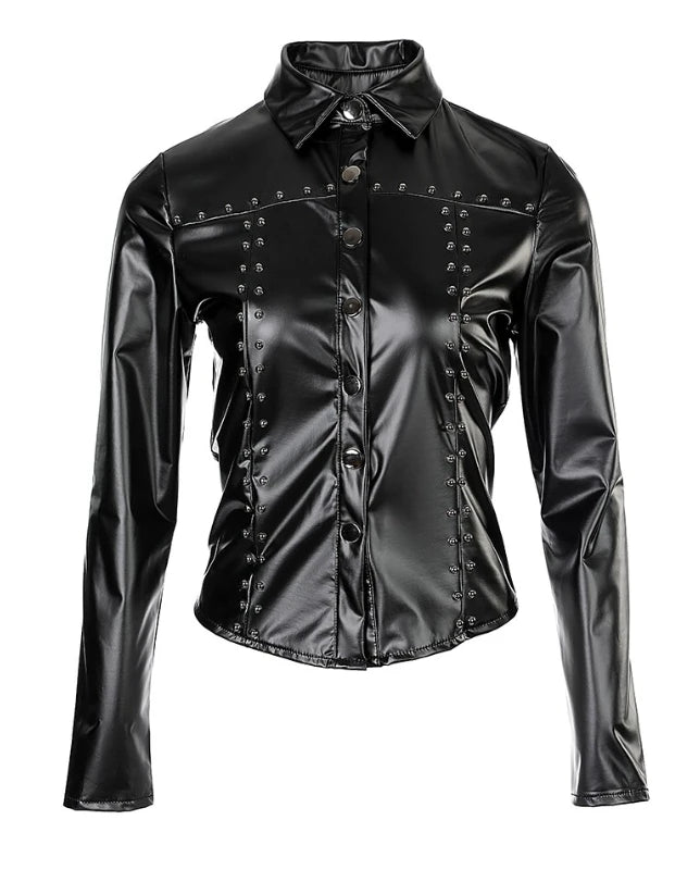 Woman Fashion Studded Decor PU Leather Button Down Shirt Temperament Commuting Women's Long Sleeve Casual Skinny Blouses