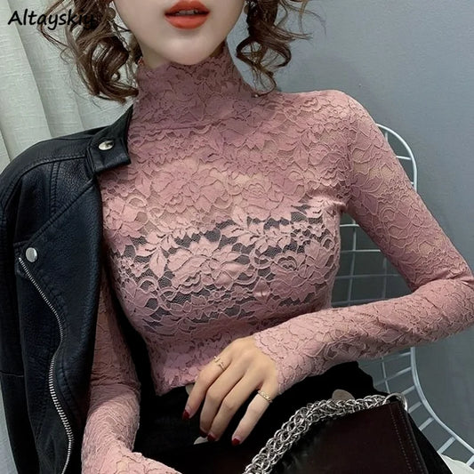 Long Sleeve Temperament Korean Style All-match Lace Chic Trendy Top