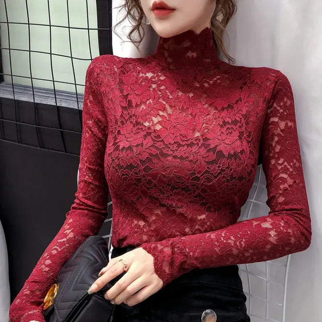 Women Blouse Women's Turtleneck Lace Spring Mesh Hollow Long-Sleeved Top Blusas Mujer De Moda Red