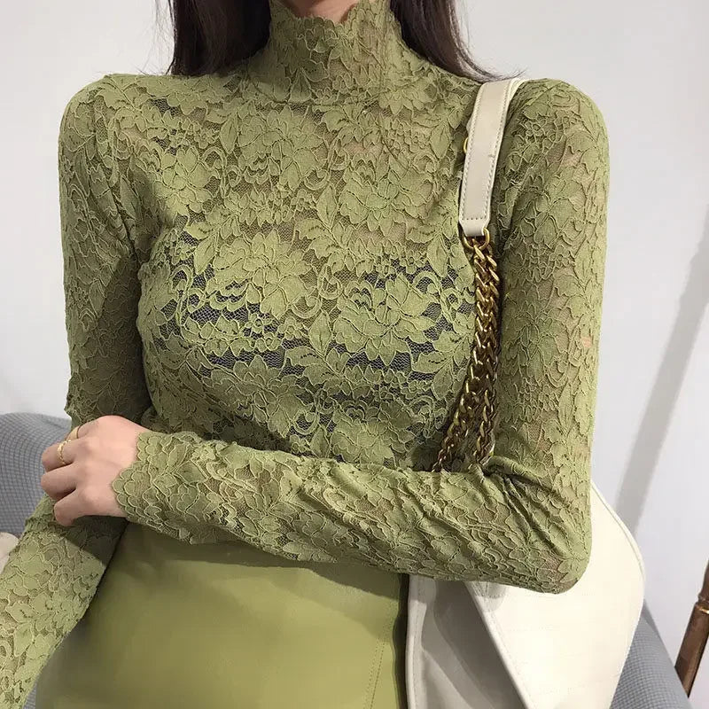 Women Blouse Women's Turtleneck Lace Spring Mesh Hollow Long-Sleeved Top Blusas Mujer De Moda