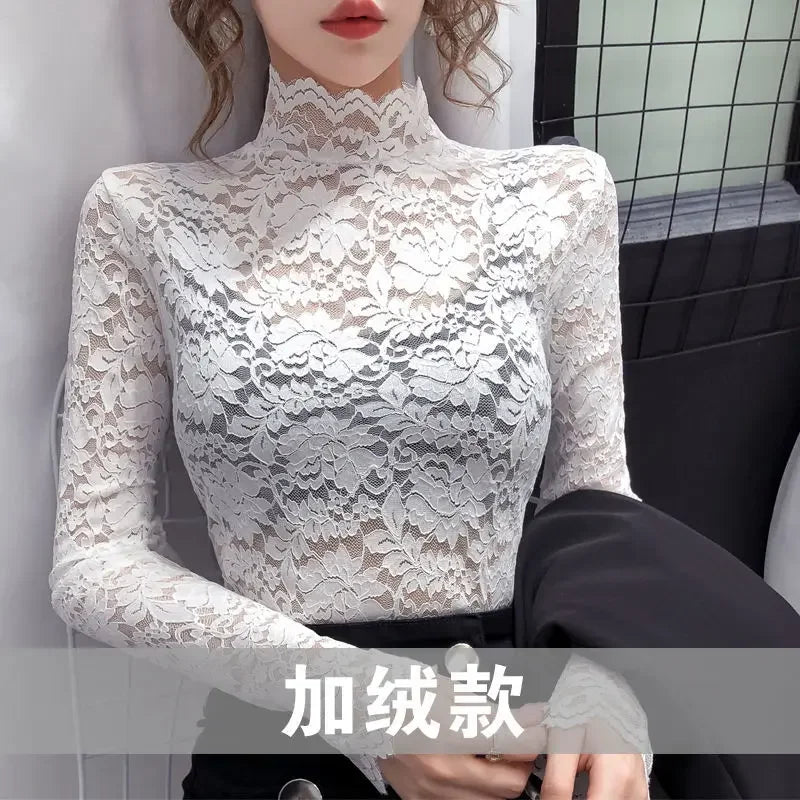 Women Blouse Women's Turtleneck Lace Spring Mesh Hollow Long-Sleeved Top Blusas Mujer De Moda