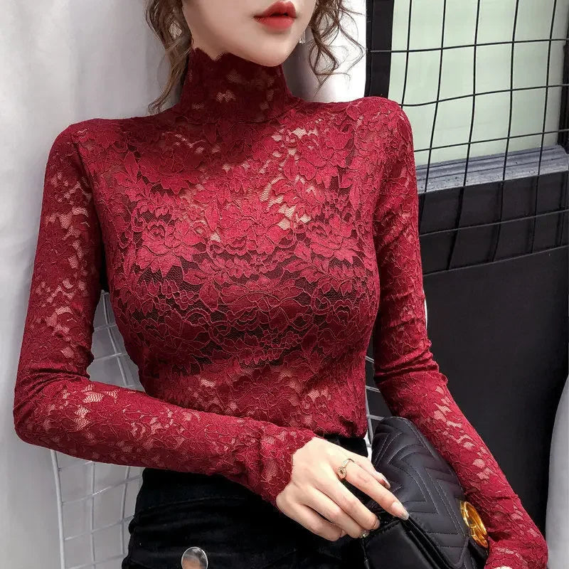 Women Blouse Women's Turtleneck Lace Spring Mesh Hollow Long-Sleeved Top Blusas Mujer De Moda