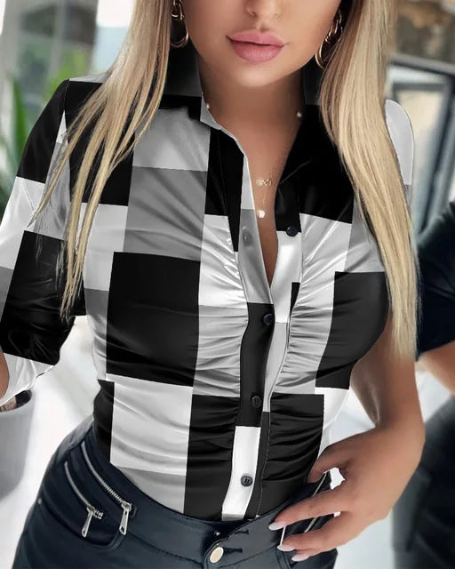 Women Solid Pu Leather Blouses 2023 New Spring Autumn Turn-Down Collar Button Shirts Ladies Casual Ruched Long Sleeve Blouse 4