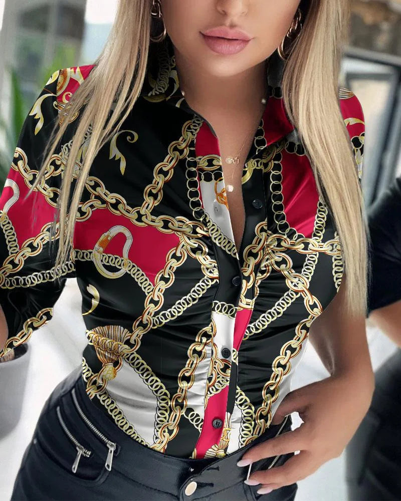 Women Solid Pu Leather Blouses 2023 New Spring Autumn Turn-Down Collar Button Shirts Ladies Casual Ruched Long Sleeve Blouse