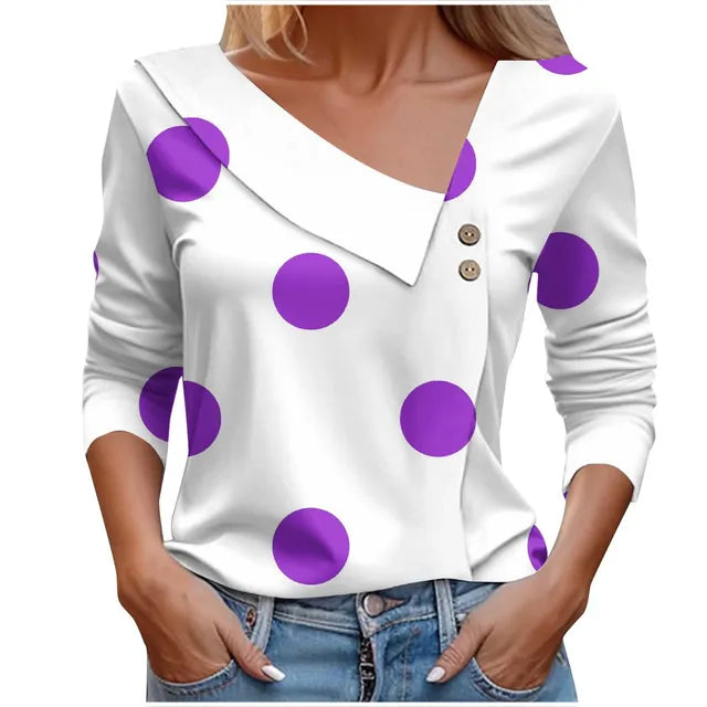 Women's Blouse Elegant Polka Dots T-shirt Spring Summer Fashion Skew Collar Print Long Sleeve Casual Harajuku Tops Female Purple