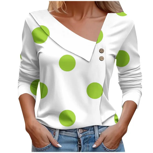 Women's Blouse Elegant Polka Dots T-shirt Spring Summer Fashion Skew Collar Print Long Sleeve Casual Harajuku Tops Female Green F75