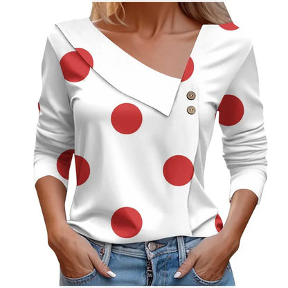 Women's Blouse Elegant Polka Dots T-shirt Spring Summer Fashion Skew Collar Print Long Sleeve Casual Harajuku Tops Female Red