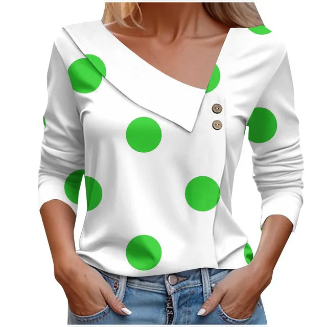 Women's Blouse Elegant Polka Dots T-shirt Spring Summer Fashion Skew Collar Print Long Sleeve Casual Harajuku Tops Female Green F76