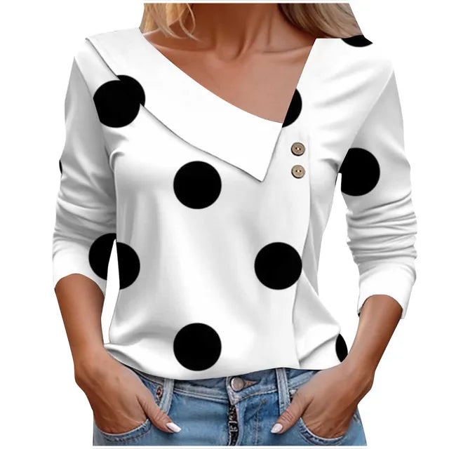 Women's Blouse Elegant Polka Dots T-shirt Spring Summer Fashion Skew Collar Print Long Sleeve Casual Harajuku Tops Female Black