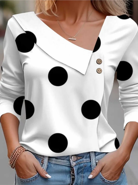 Women's Blouse Elegant Polka Dots T-shirt Spring Summer Fashion Skew Collar Print Long Sleeve Casual Harajuku Tops Female