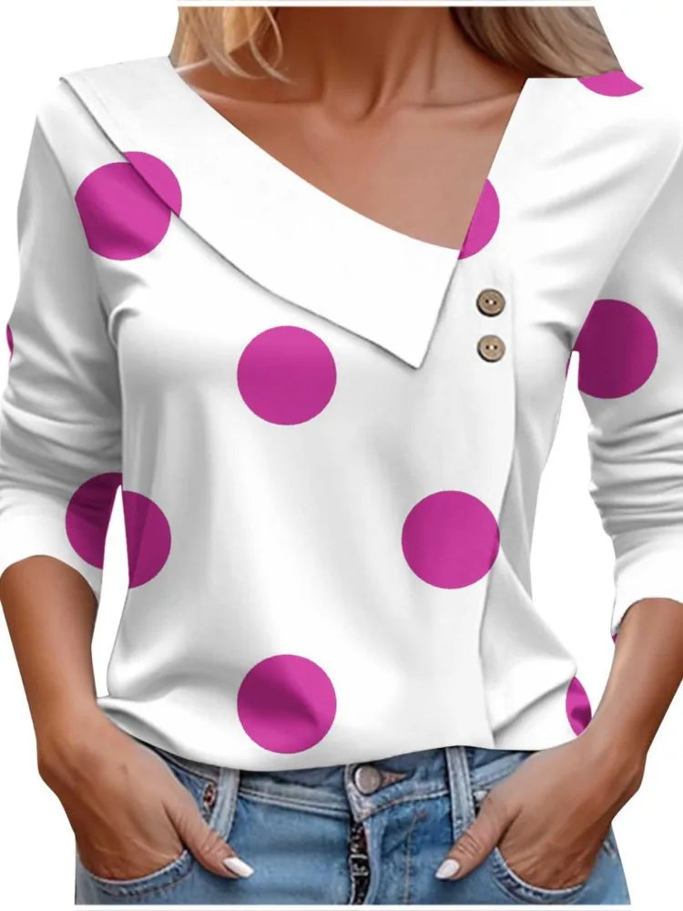 Women's Blouse Elegant Polka Dots T-shirt Spring Summer Fashion Skew Collar Print Long Sleeve Casual Harajuku Tops Female