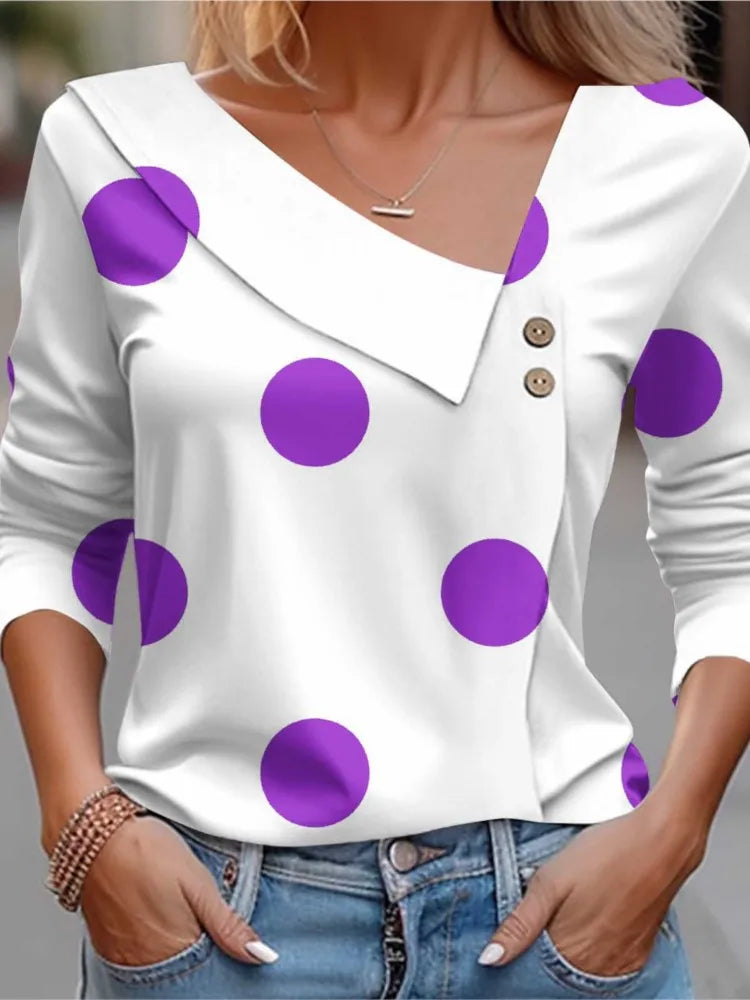 Women's Blouse Elegant Polka Dots T-shirt Spring Summer Fashion Skew Collar Print Long Sleeve Casual Harajuku Tops Female