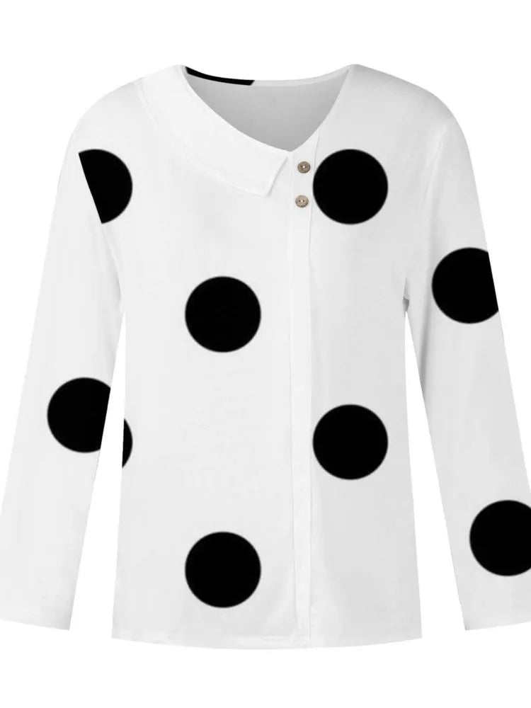 Women's Blouse Elegant Polka Dots T-shirt Spring Summer Fashion Skew Collar Print Long Sleeve Casual Harajuku Tops Female