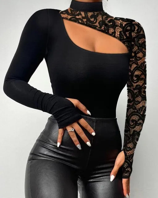 Women's Shirts 2024 Spring Autumn Sexy Off Shoulder Lace Irregular Long Sleeve Black Tops O-neck Ladies Elegant Blouse T-shirt Black