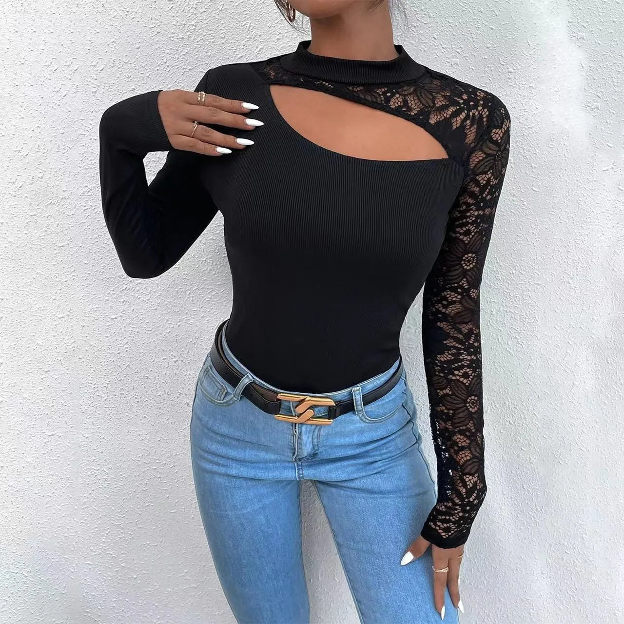 Women's Shirts 2024 Spring Autumn Sexy Off Shoulder Lace Irregular Long Sleeve Black Tops O-neck Ladies Elegant Blouse T-shirt