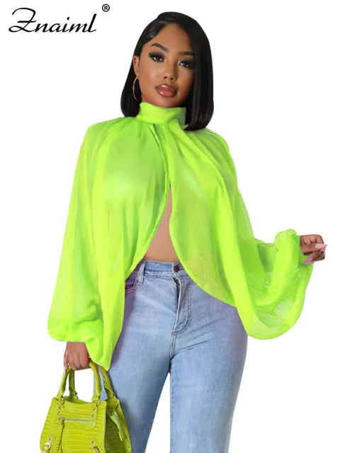 Znaiml 2023 Printing Batwing Sleeve Chiffon Split Shirts and Blouses Women Crop Top Summer Outfits Party Night Blusas Para Mujer A-solid-Green CHINA