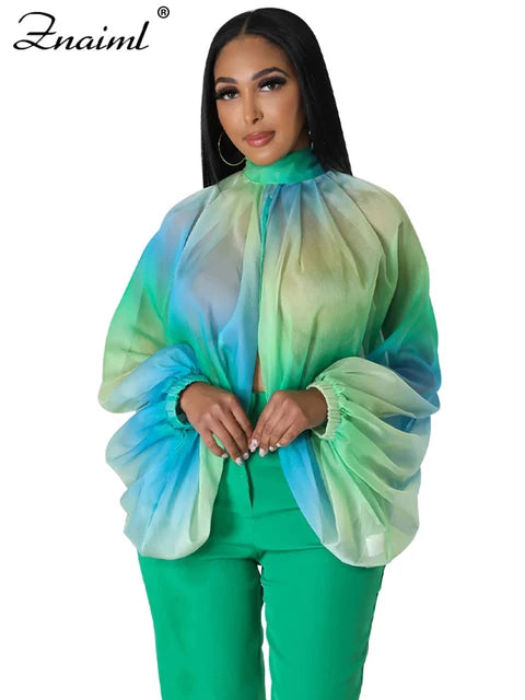 Znaiml 2023 Printing Batwing Sleeve Chiffon Split Shirts and Blouses Women Crop Top Summer Outfits Party Night Blusas Para Mujer B-Print-Green CHINA