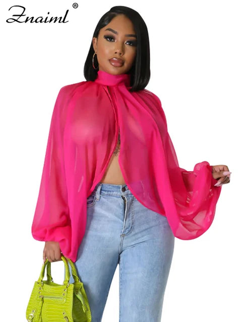 Znaiml 2023 Printing Batwing Sleeve Chiffon Split Shirts and Blouses Women Crop Top Summer Outfits Party Night Blusas Para Mujer A-solid-Rose red CHINA