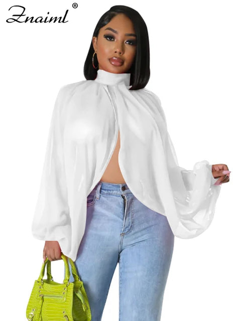 Znaiml 2023 Printing Batwing Sleeve Chiffon Split Shirts and Blouses Women Crop Top Summer Outfits Party Night Blusas Para Mujer A-solid-White CHINA