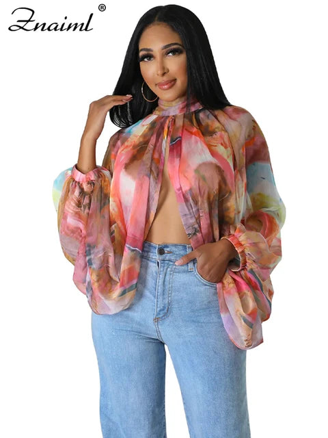 Znaiml 2023 Printing Batwing Sleeve Chiffon Split Shirts and Blouses Women Crop Top Summer Outfits Party Night Blusas Para Mujer B-Print-Pink CHINA