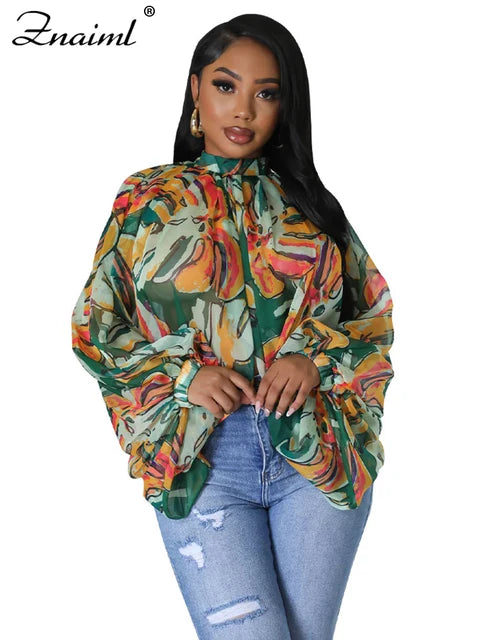 Znaiml 2023 Printing Batwing Sleeve Chiffon Split Shirts and Blouses Women Crop Top Summer Outfits Party Night Blusas Para Mujer B-Print-Green orange CHINA