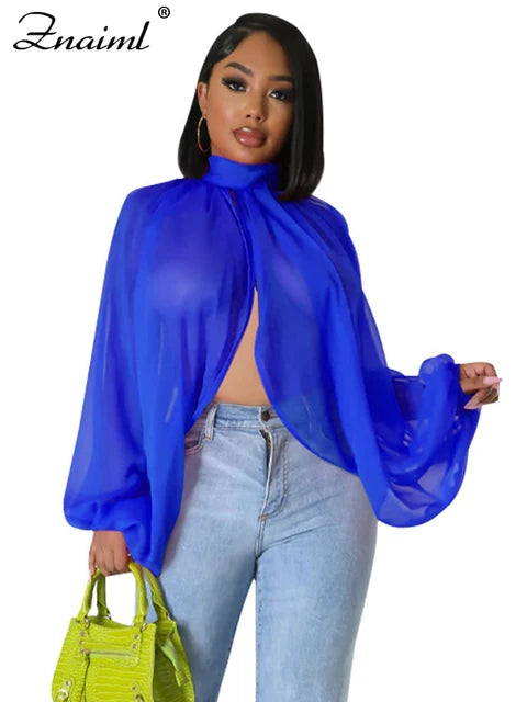 Znaiml 2023 Printing Batwing Sleeve Chiffon Split Shirts and Blouses Women Crop Top Summer Outfits Party Night Blusas Para Mujer A-solid-Blue CHINA