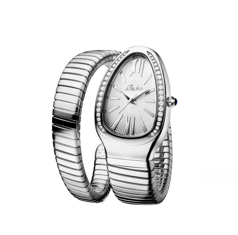 MISSFOX 1221 Women's Watches Snake Shape Luxury Wrist Watch For Women Steel Unique Gold Quartz Ladies Watch Clock Relogio Feminino B-1221-SW